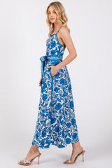 Blue Floral Crochet Accent Waist Tie Dress