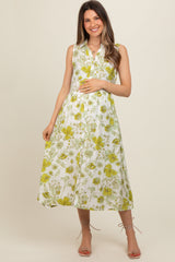 Green Floral Printed Sleeveless Maternity Midi Shirt Dress