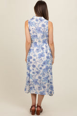 Blue Floral Printed Sleeveless Maternity Midi Shirt Dress