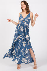 Blue Floral Sleeveless Knotted Maxi Dress