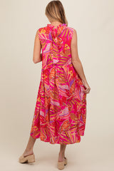 Fuchsia Floral Ruffle Mock Neck Tiered Maternity Midi Dress