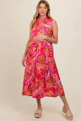 Fuchsia Floral Ruffle Mock Neck Tiered Maternity Midi Dress