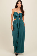 Teal Front Tie Crop Top and Pant Set