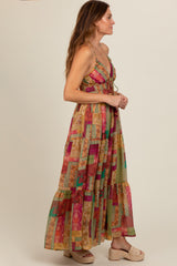 Olive Patchwork Print Halter Maxi Dress