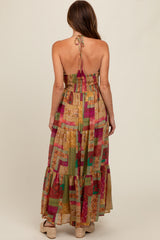 Olive Patchwork Print Halter Maxi Dress