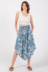 Blue Floral Smocked Waist Round Hem Midi Skirt