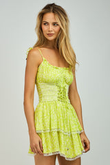 Lime Floral U-Neck Tie Strap Corset Shape Mini Dress