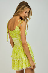 Lime Floral U-Neck Tie Strap Corset Shape Mini Dress