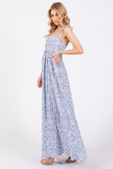 Blue Leaf Print Shoulder Strap Maxi Dress