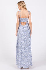 Blue Leaf Print Shoulder Strap Maxi Dress