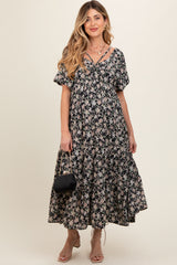 Black Floral Ruched Strappy V-Neck Front Puff Short Sleeve Maternity Midi Dress