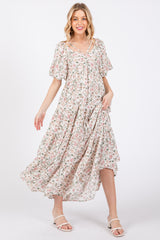 Cream Floral Ruched Strappy V-Neck Front Puff Short Sleeve Midi Dress