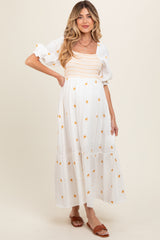 Ivory Gauze Smocked Embroidered Square Neck Maternity Midi Dress