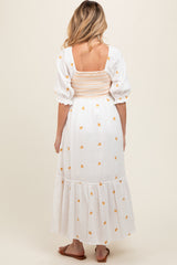 Ivory Gauze Smocked Embroidered Square Neck Maternity Midi Dress