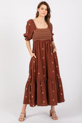 Brown Gauze Smocked Embroidered Square Neck Maternity Midi Dress