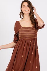 Brown Gauze Smocked Embroidered Square Neck Midi Dress