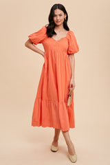 Coral Eyelet Scalloped V-Neck Short Puff Sleeve Midi Dress