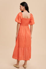 Coral Eyelet Scalloped V-Neck Short Puff Sleeve Midi Dress