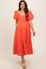 Coral Eyelet Scalloped V-Neck Short Puff Sleeve Maternity Midi Dress