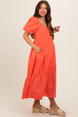 Coral Eyelet Scalloped V-Neck Short Puff Sleeve Maternity Midi Dress