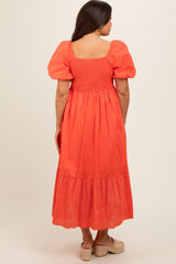 Coral Eyelet Scalloped V-Neck Short Puff Sleeve Maternity Midi Dress