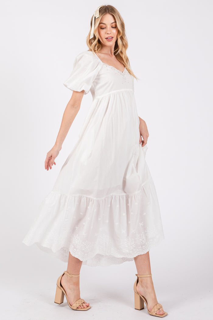 Ivory Eyelet Scalloped V-Neck Short Puff Sleeve Midi Dress