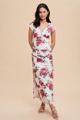 Pink Floral Mesh Ruched Sides Maxi Dress