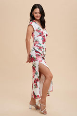 Pink Floral Mesh Ruched Sides Maxi Dress