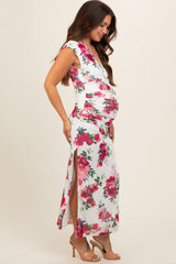 Pink Floral Mesh Ruched Sides Maternity Maxi Dress