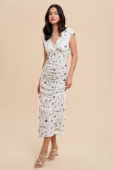 Cream Floral Mesh Ruched Sides Maternity Maxi Dress