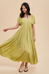 Light Olive V-Neck Flutter Short Sleeve Midi Dress