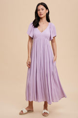 Lavender V-Neck Flutter Short Sleeve Midi Dress