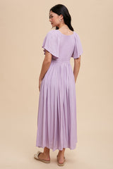 Lavender V-Neck Flutter Short Sleeve Midi Dress