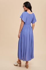 Blue V-Neck Flutter Short Sleeve Midi Dress