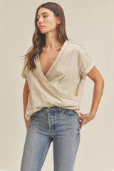 Beige Wrap Short Sleeve Raw Hem Maternity Top