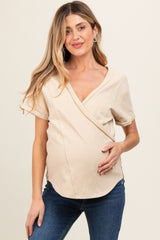 Beige Wrap Short Sleeve Raw Hem Maternity Top