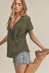 Olive Wrap Short Sleeve Raw Hem Top