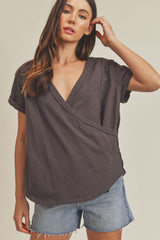 Charcoal Wrap Short Sleeve Raw Hem Maternity Top