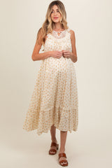 Cream Floral Lace Top Ruffle Hem Maternity Midi Dress