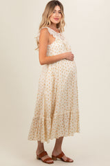 Cream Floral Lace Top Ruffle Hem Maternity Midi Dress