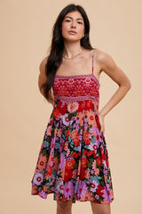 Multi-Color Floral Paisley Square Neck Tie Back Dress