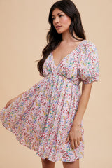 Pink Floral V-Neck Cutout Back Dress