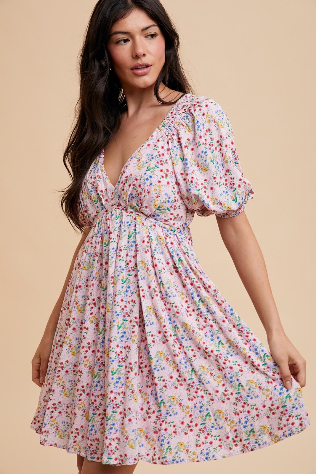 Pink Floral V-Neck Cutout Back Dress