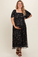 Black Floral Waist Tie Plus Maternity Midi Dress