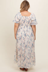 Beige Floral Puff Sleeve Plus Maternity Maxi Dress