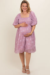 Pink Floral Embroidered Puff Sleeve Plus Maternity Midi Dress