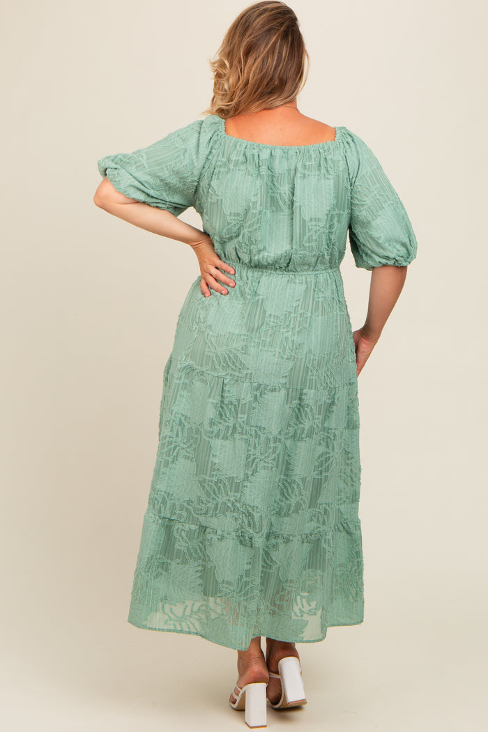 Light Olive Embroidered Leaf Print Striped Maternity Plus Maxi Dress