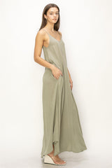 Light Olive Lightweight Sleeveless V-Neck Maxi Dress