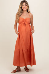 Rust Linen Front Cinch Maternity Midi Dress