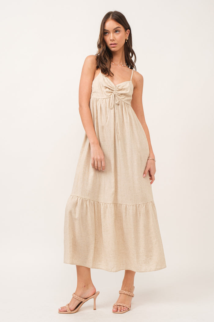 Beige Linen Front Cinch Midi Dress